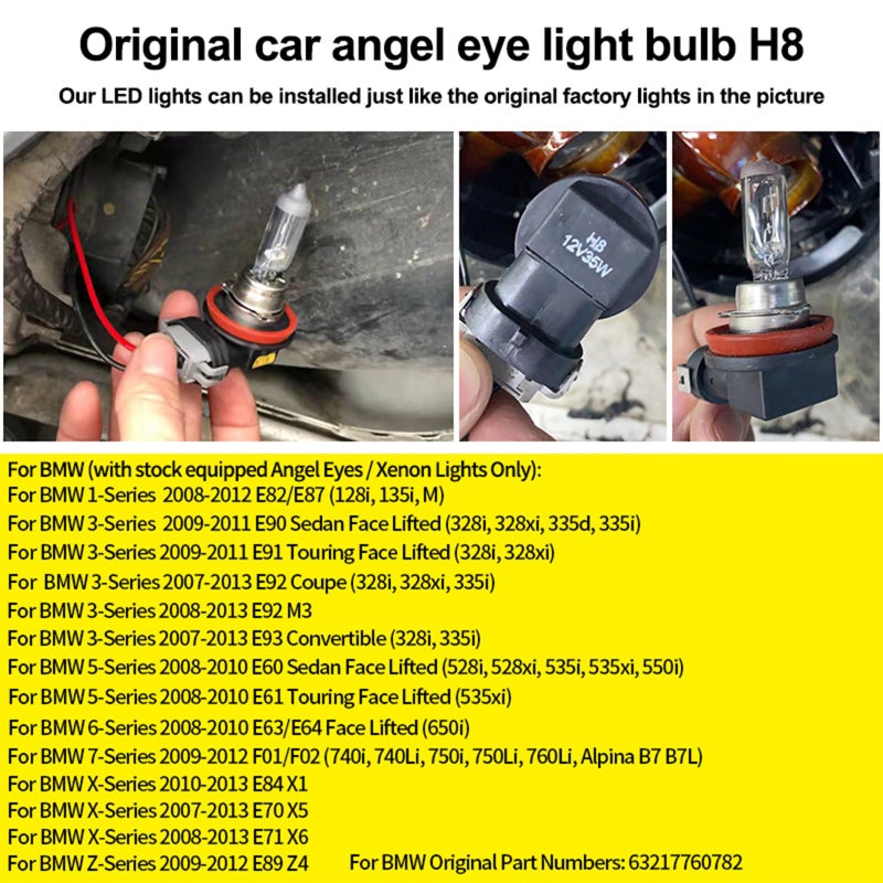 APMAT H8 LED Angel Eyes Halo Bulb Light Compatible for BMW E90 E92 E70 E71 E82 E89 M6 1 3 5 Series X5 X6 Z4, 6000K Xenon 120W White Lamps Marker Lights - Image 2